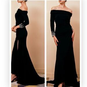 Mac Duggal 264851 Black Long Sleeve Chiffon Midi Dress NWT $398